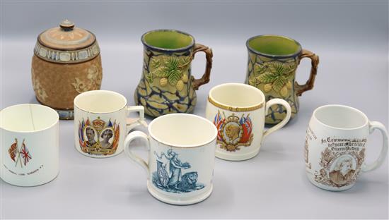 A Doulton jar and cover, 2 Majolica mugs and 5 commemorative mugs